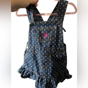 U.S. Polo Girls 12 months Polka Dot Bib Overall Dress Ruffle Hem Dark Wash Denim
